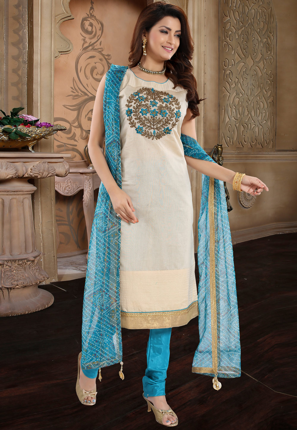 Cream Chanderi Silk Churidar Salwar Kameez 192017