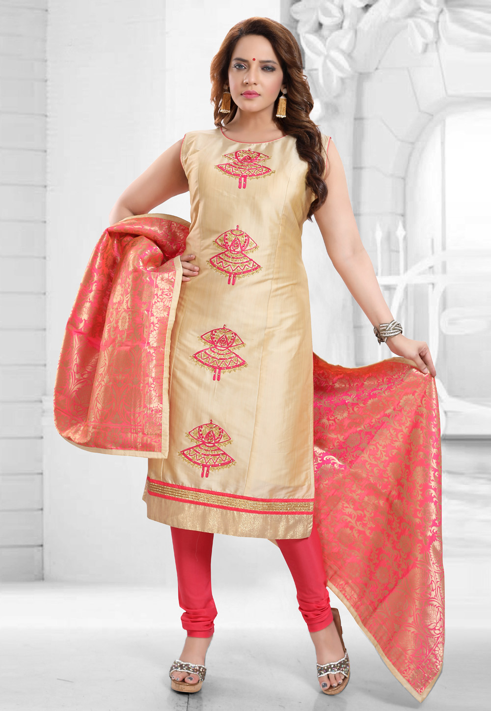 Beige Silk Readymade Churidar Salwar Kameez 217396