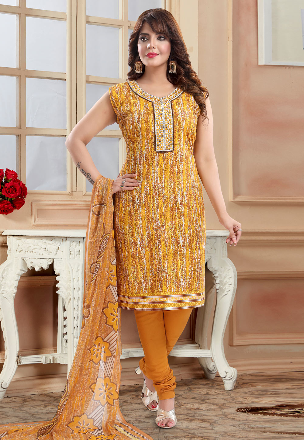 Mustard Cotton Readymade Churidar Suit 239251