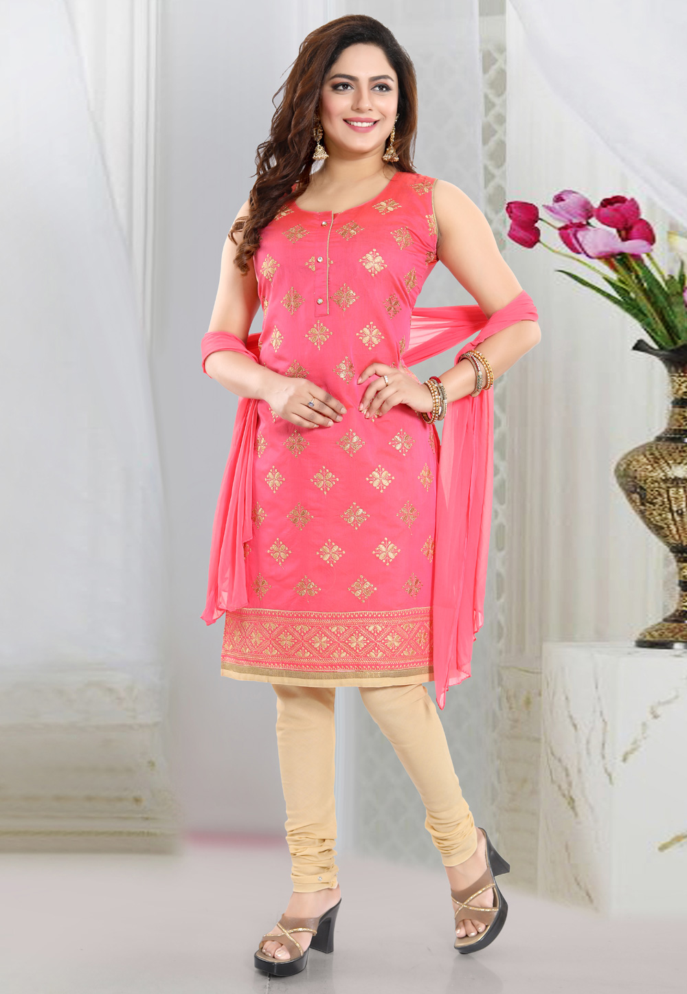 Pink Chanderi Readymade Churidar Suit 169055