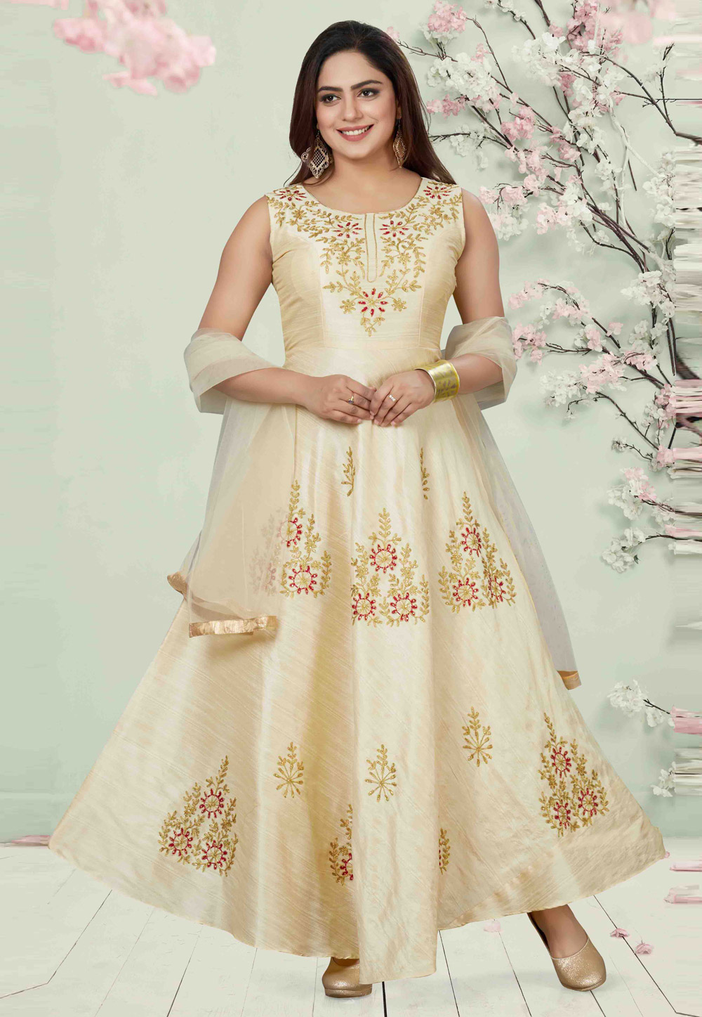 Beige Silk Readymade Abaya Style Anarkali Suit 156045