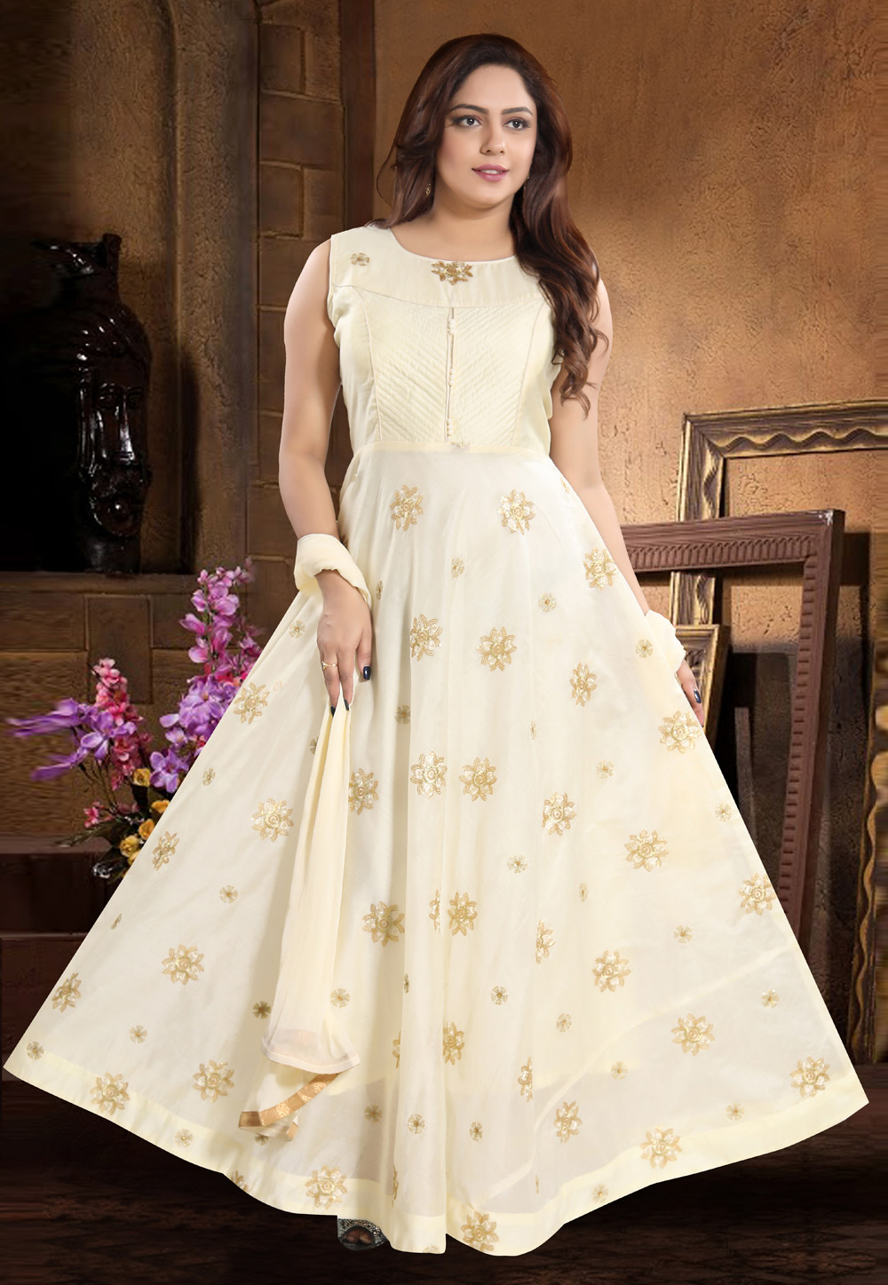 Beige Chanderi Silk Readymade Long Anarkali Suit 156053