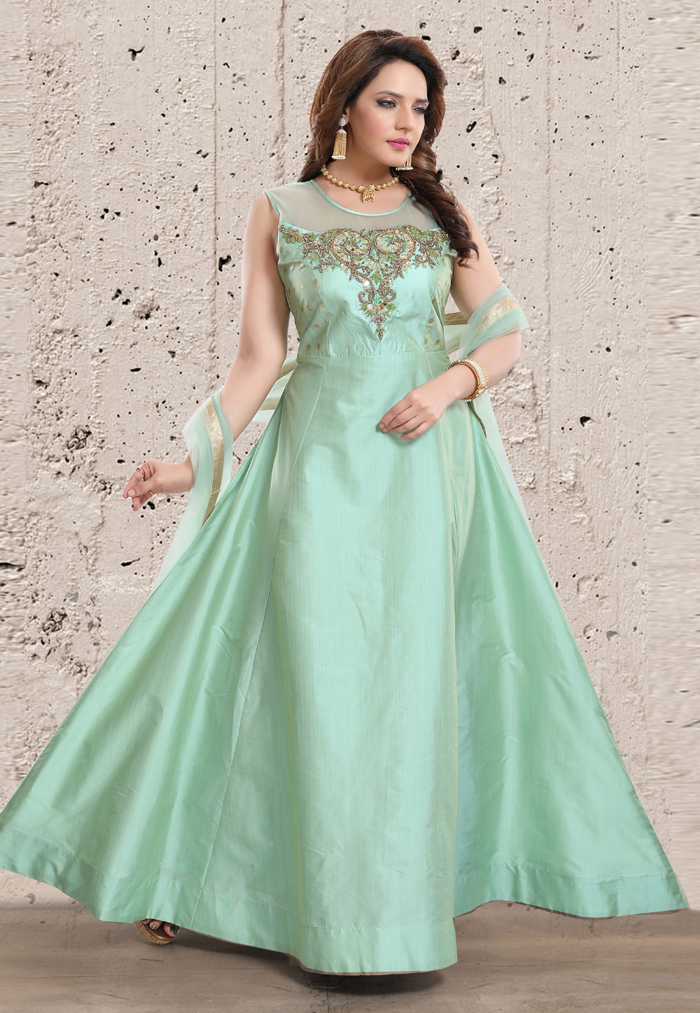 Light Green Silk Readymade Long Anarkali Suit 219204