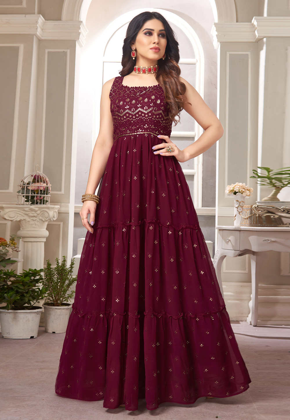 Maroon Faux Georgette Gown 246336