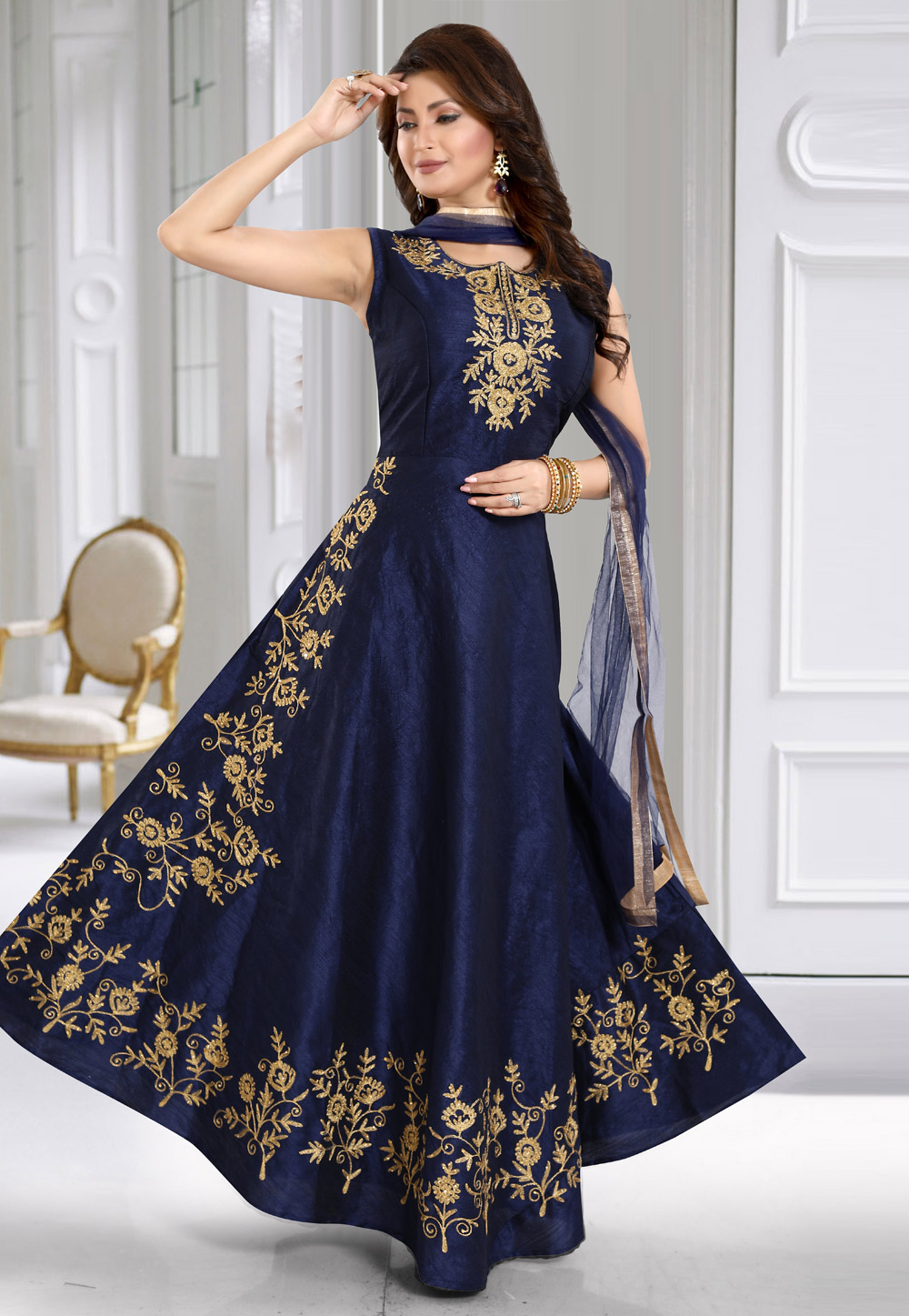 Navy Blue Silk Readymade Long Anarkali Suit 196219
