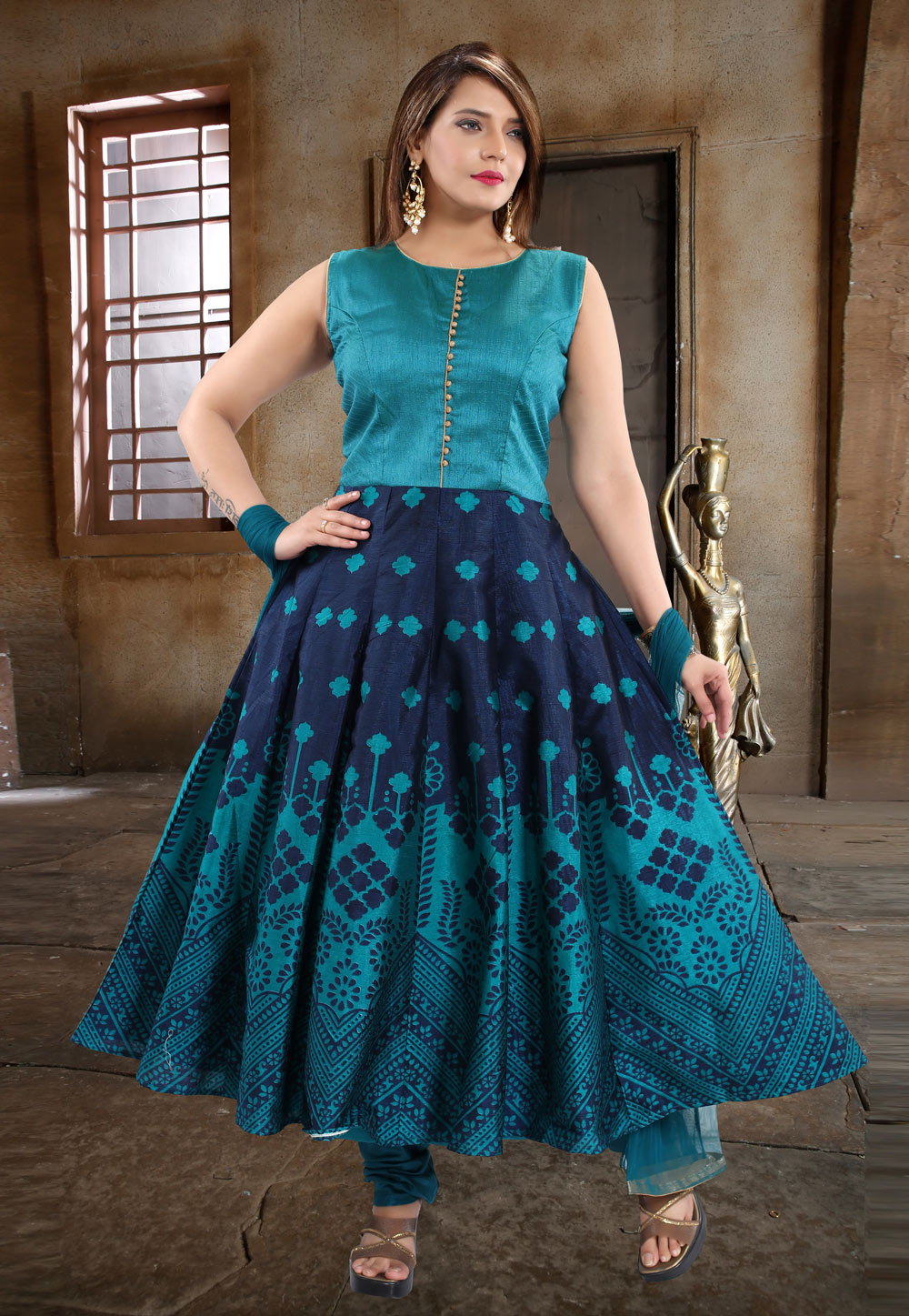 Turquoise Blue Banglori Silk Readymade Anarkali Suit 196235