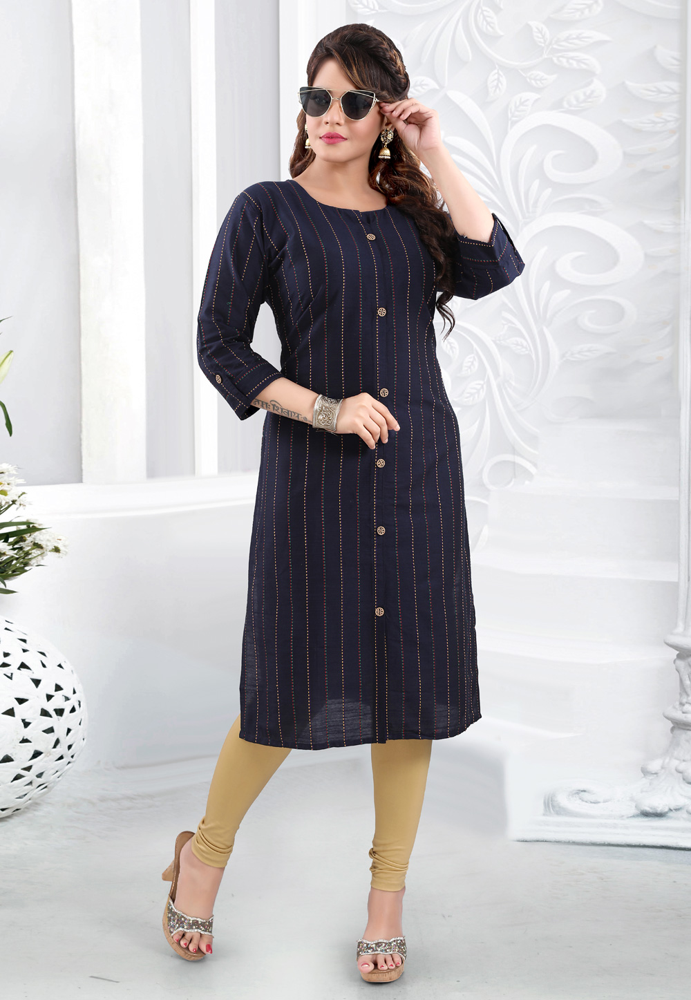 Navy Blue Art Silk Readymade Kurti 211315