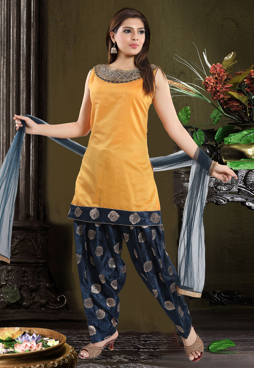 Yellow Chanderi Silk Readymade Patiala Suit 177765