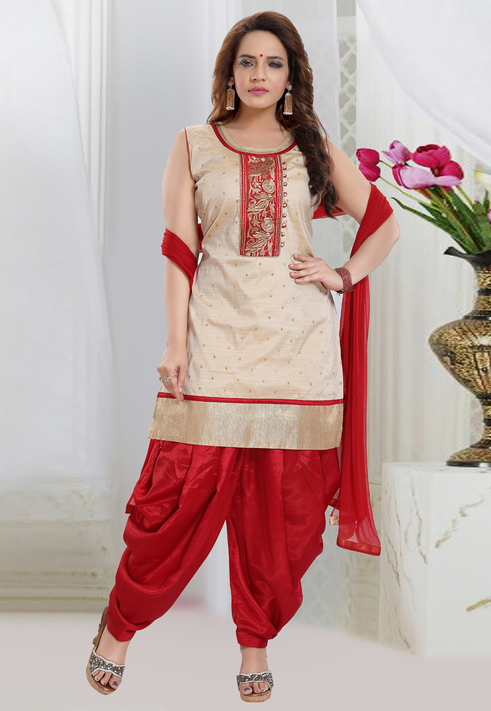 Beige Silk Readymade Punjabi Suit 200343