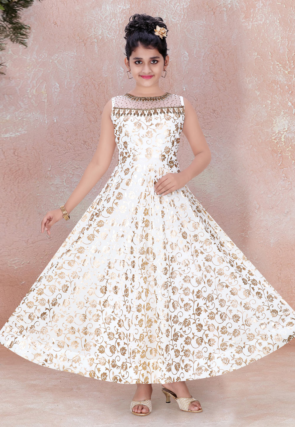 Off White Faux Georgette Readymade Kids Gown 195451