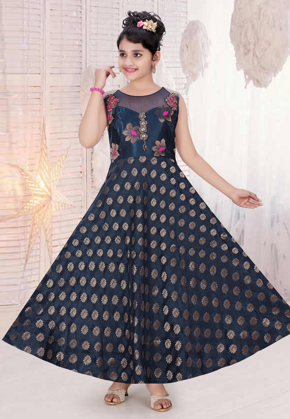 Navy Blue Brocade Readymade Kids Gown 195455