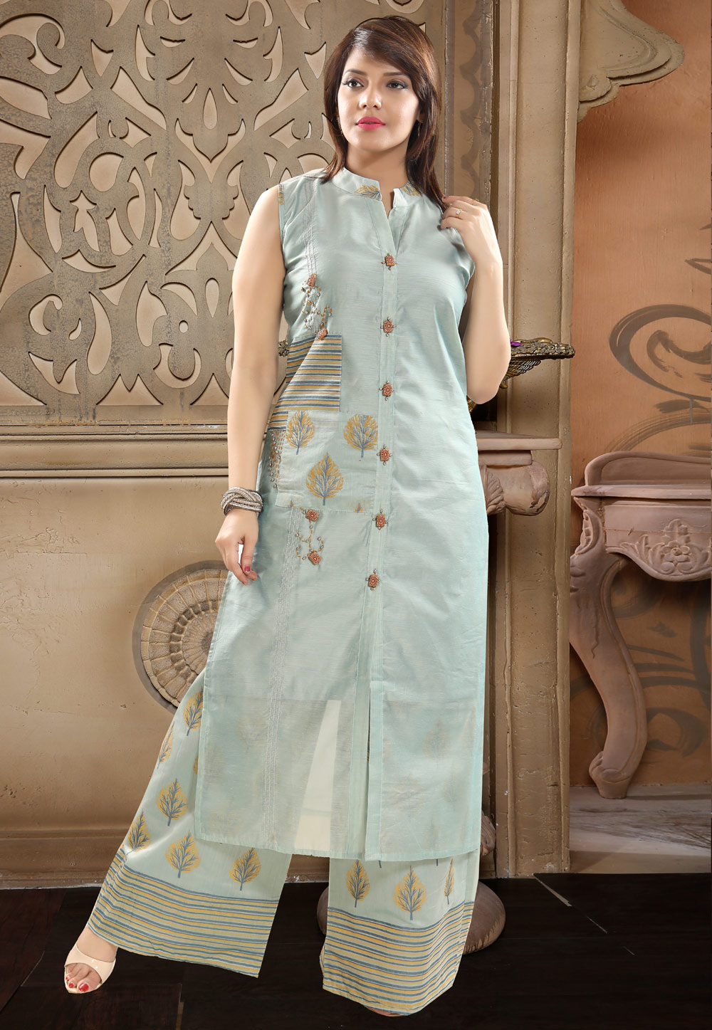 Grey Chanderi Silk Readymade Palazzo Suit 156203