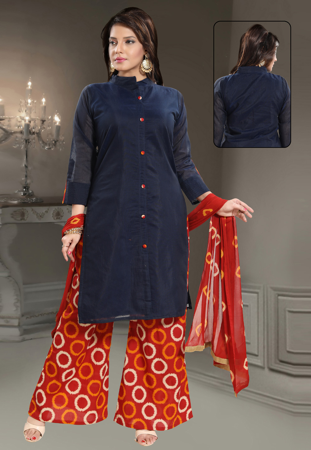 Blue Chanderi Silk Readymade Palazzo Suit 156206