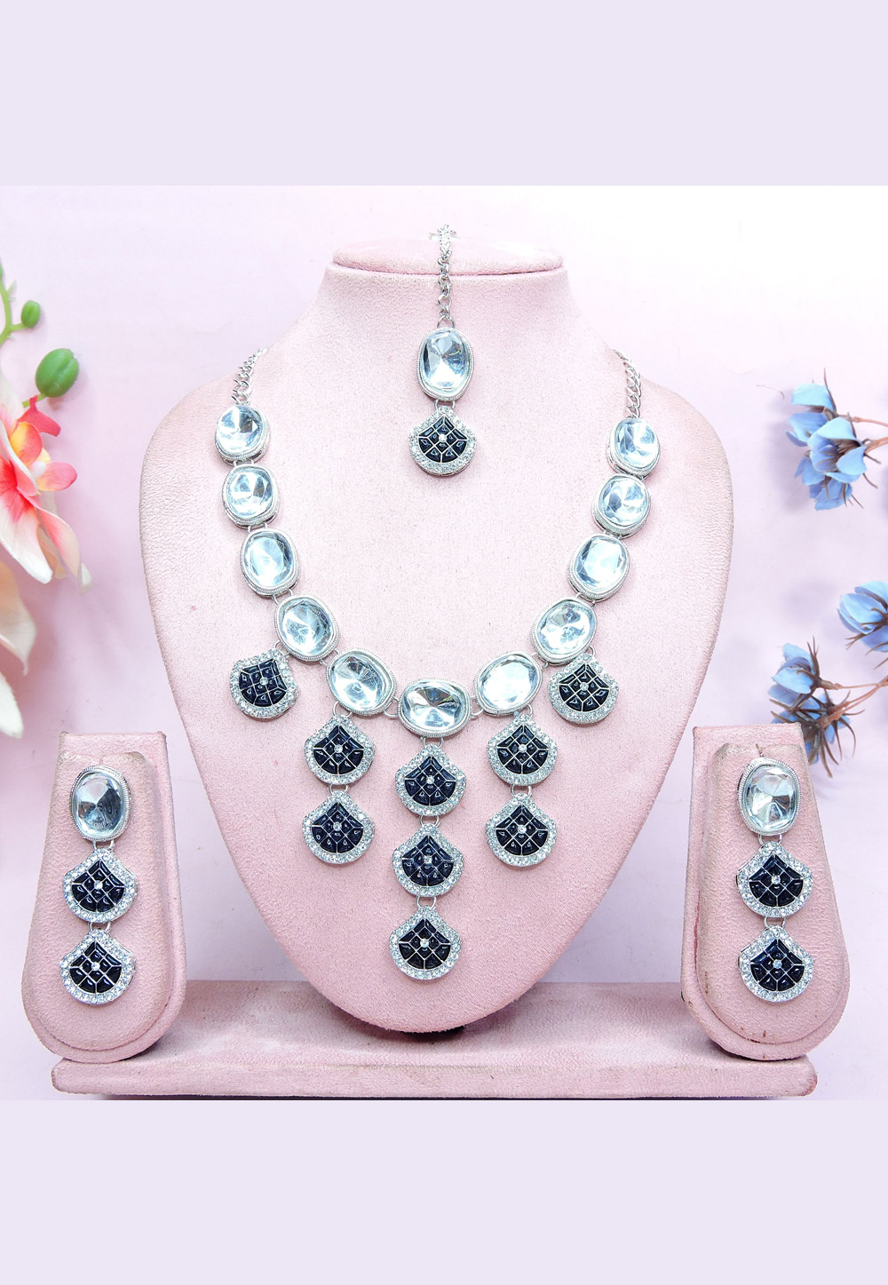 Navy Blue Alloy Necklace Set With Earrings and Maang Tikka 312433