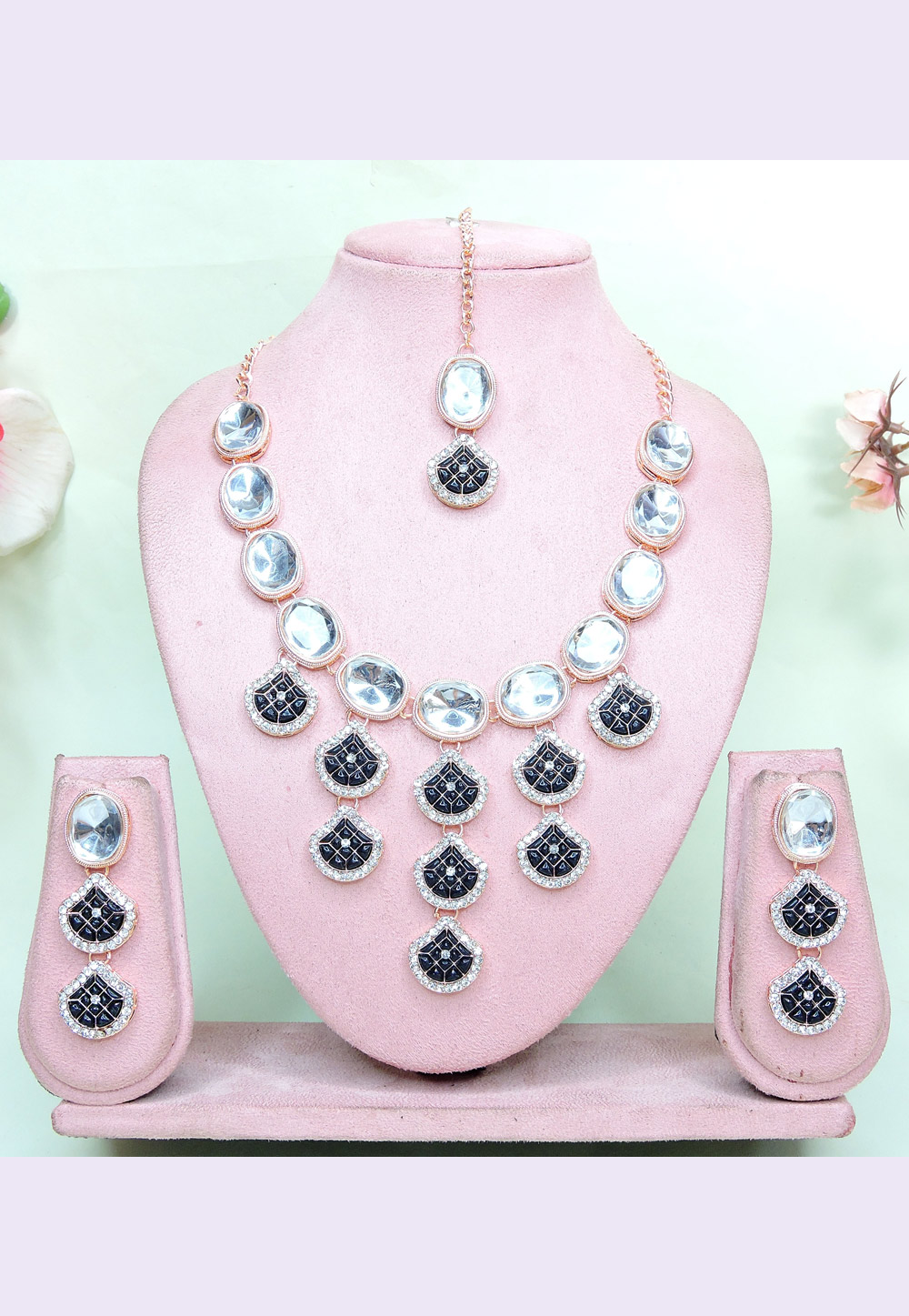 Navy Blue Alloy Necklace Set With Earrings and Maang Tikka 312436