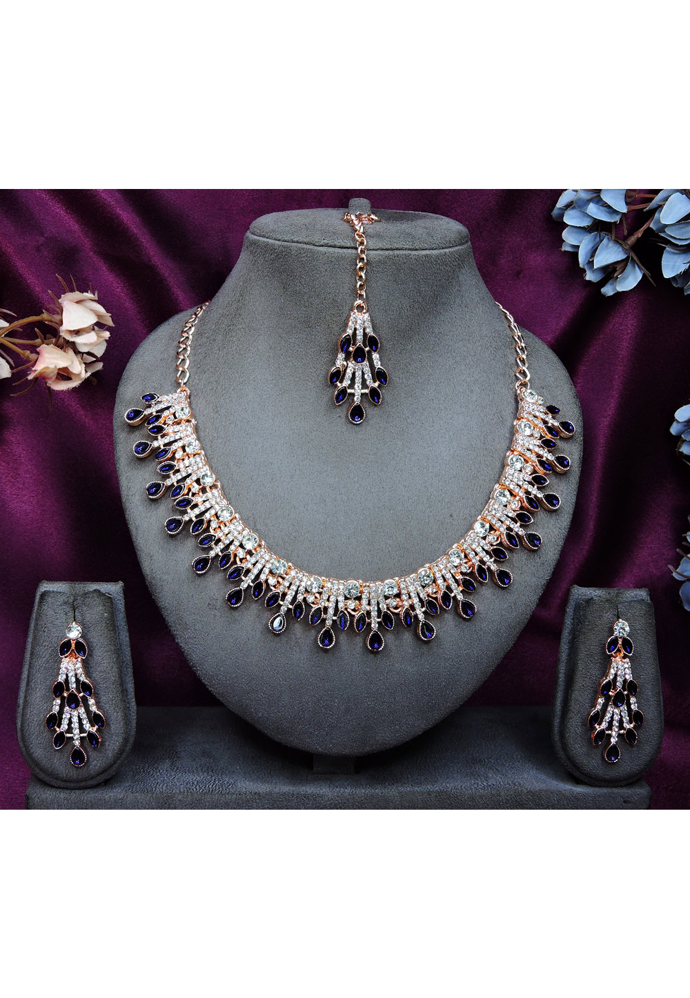 Navy Blue Alloy Necklace Set With Earrings and Maang Tikka 328434