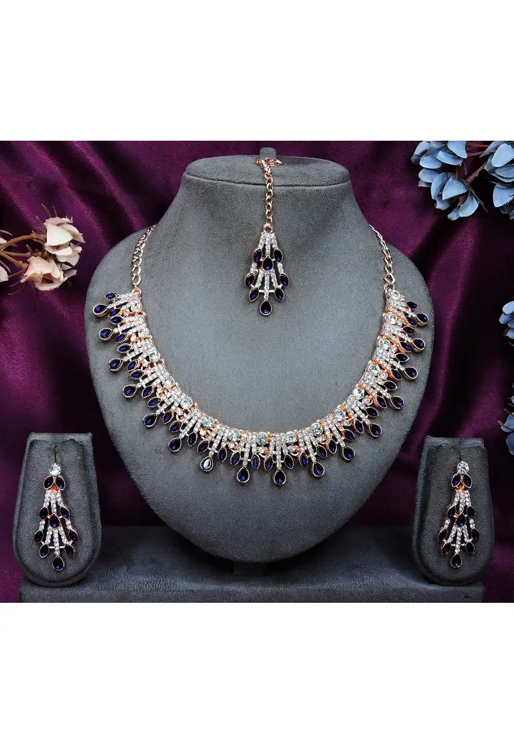 Navy Blue Alloy Necklace Set With Earrings and Maang Tikka 328434