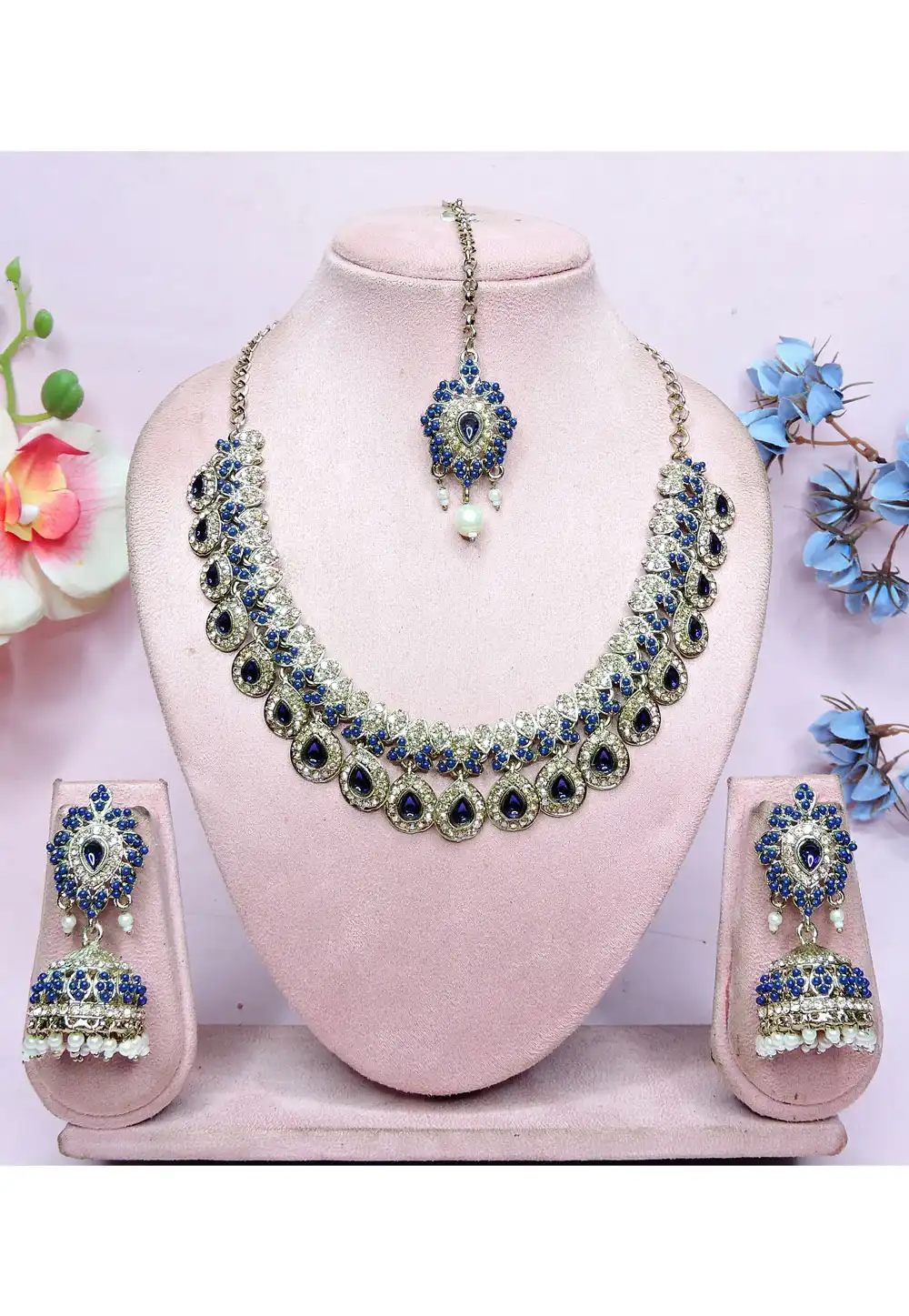 Navy Blue Alloy Necklace Set With Earrings and Maang Tikka 330227