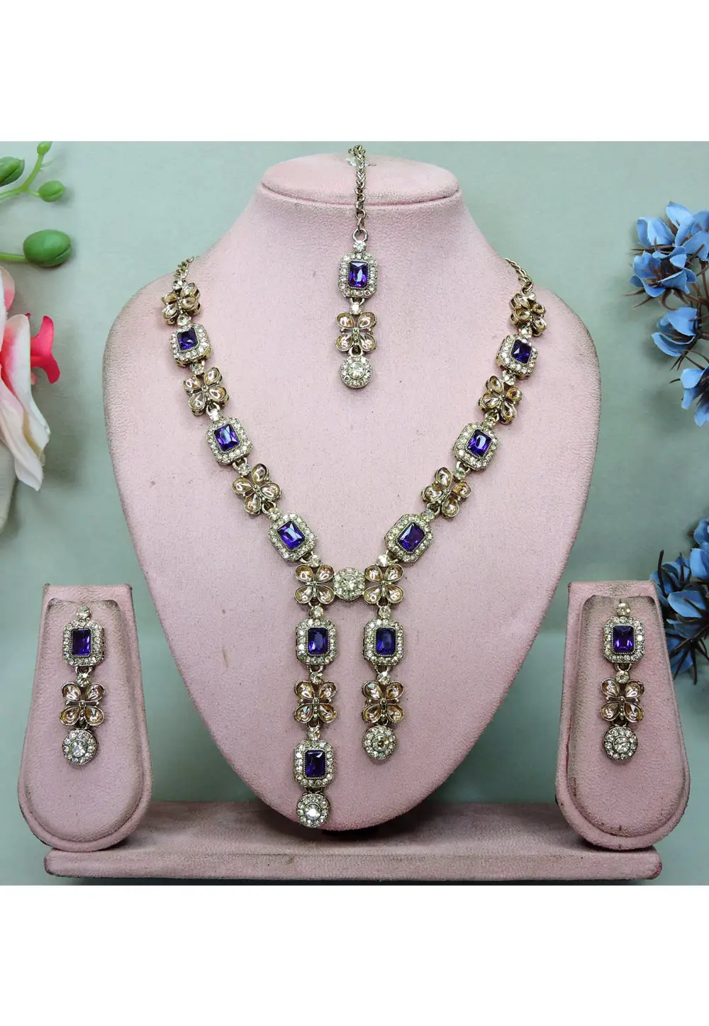 Navy Blue Alloy Necklace Set With Earrings and Maang Tikka 336141
