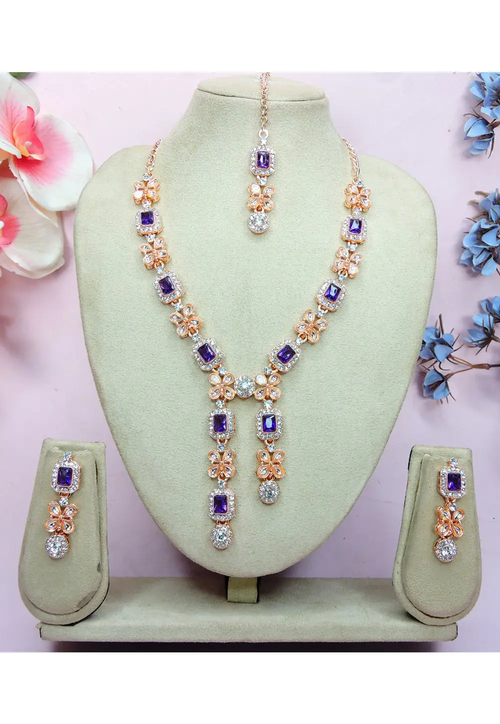 Navy Blue Alloy Necklace Set With Earrings and Maang Tikka 336152