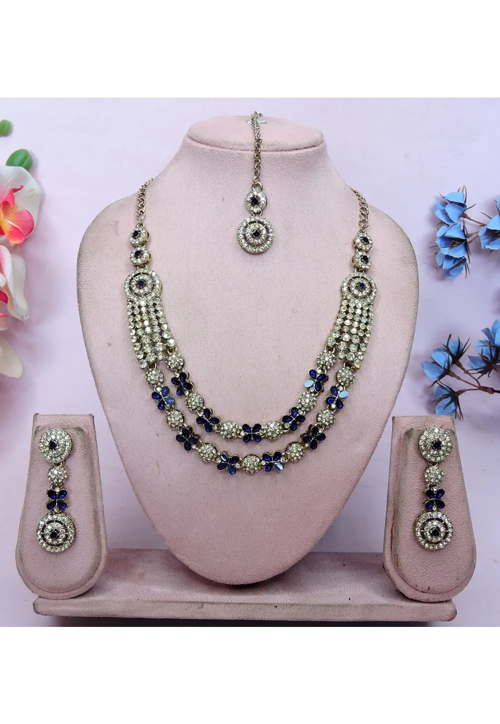 Navy Blue Alloy Necklace Set With Earrings and Maang Tikka 337075