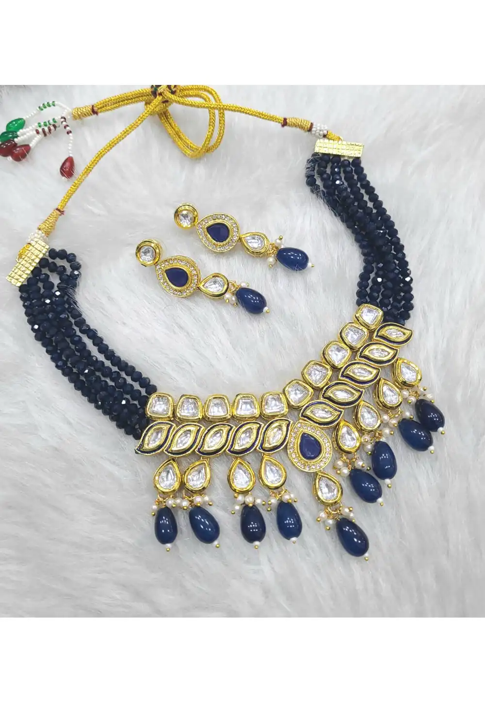 Navy Blue Alloy Necklace With Earrings 313533