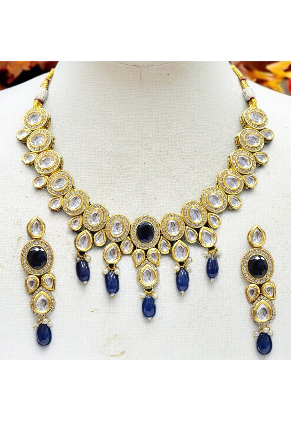 Navy Blue Alloy Necklace With Earrings 313538