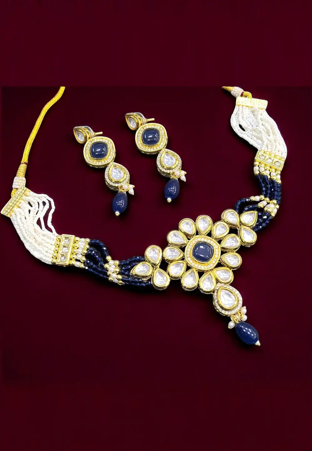 Navy Blue Alloy Necklace With Earrings 313543