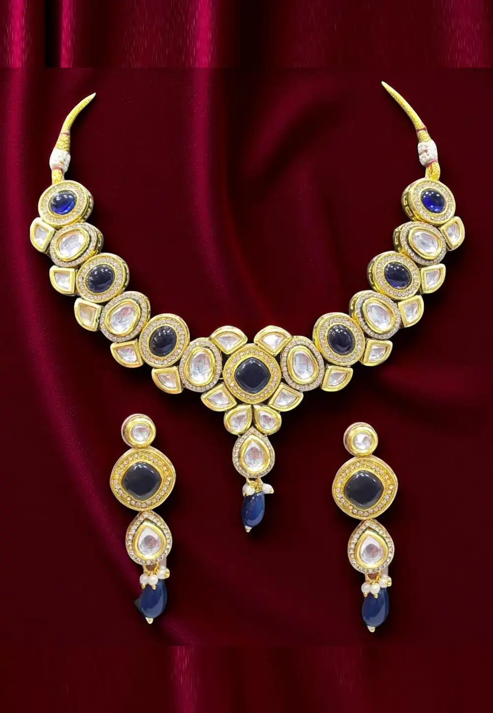 Navy Blue Alloy Necklace With Earrings 313549