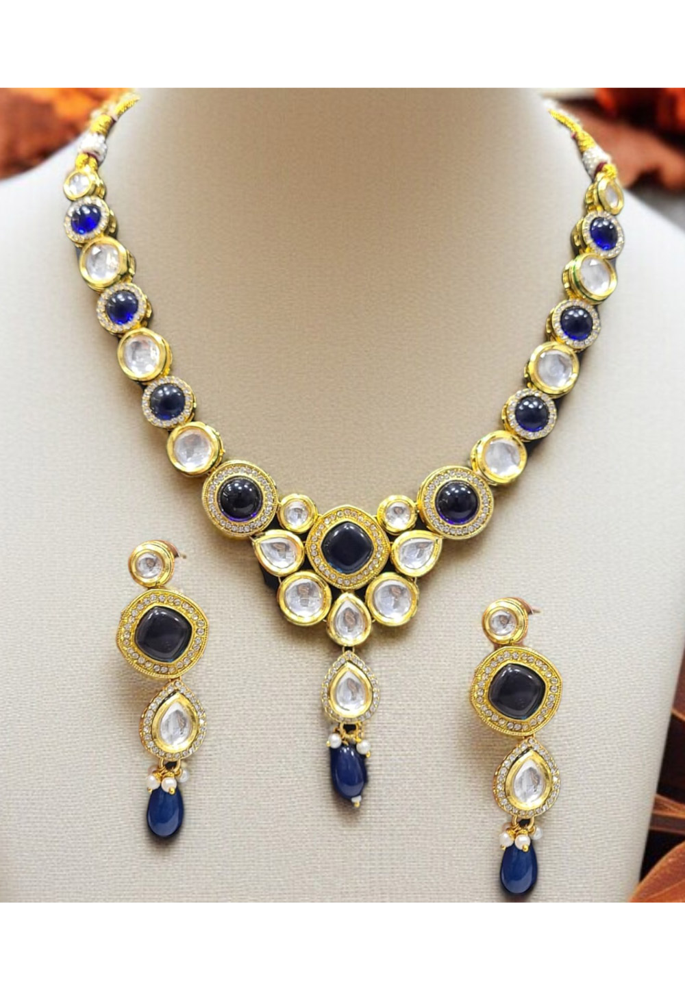 Navy Blue Alloy Necklace With Earrings 313939