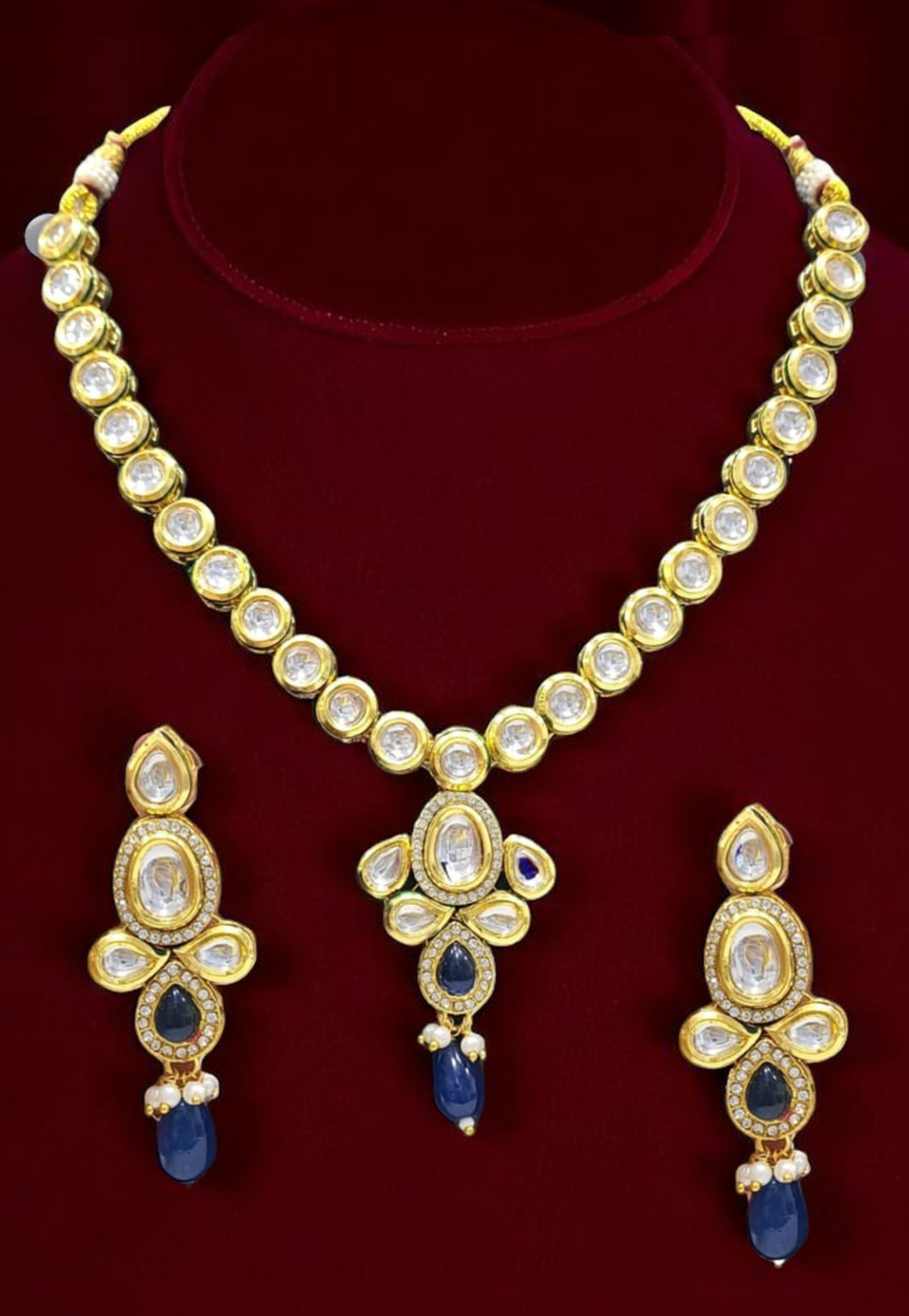 Navy Blue Alloy Necklace With Earrings 314369