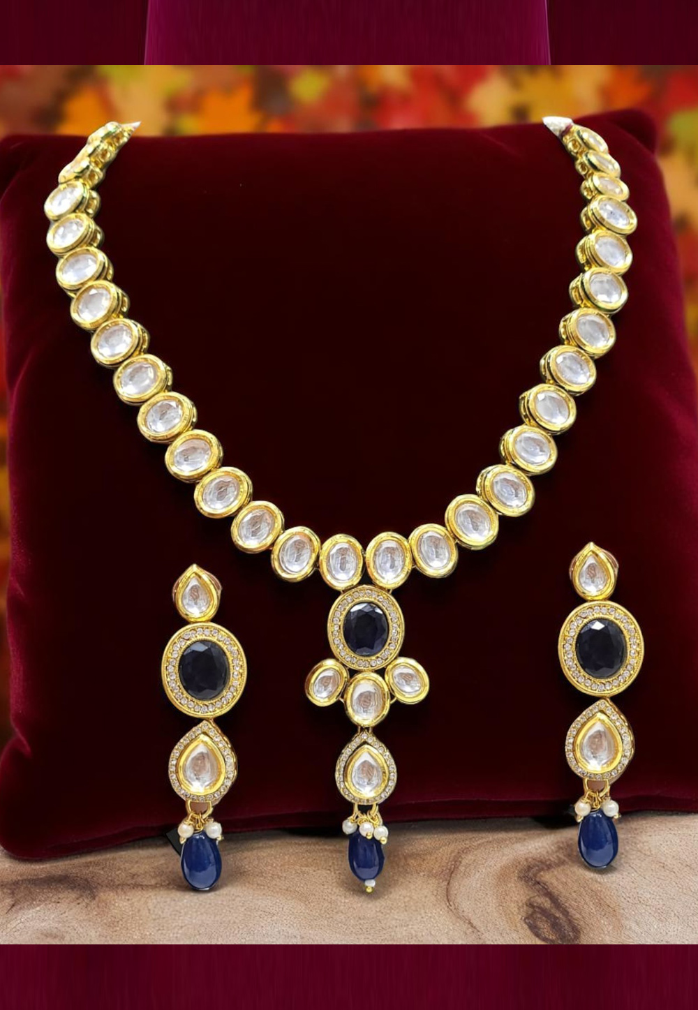 Navy Blue Alloy Necklace With Earrings 314376