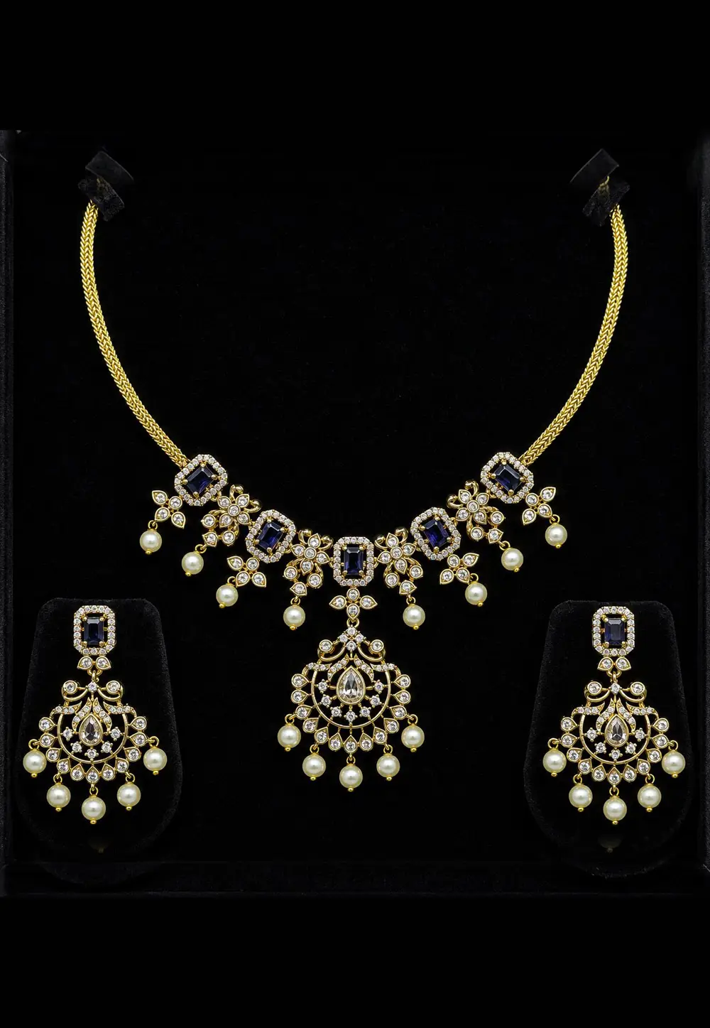 Navy Blue Alloy Necklace With Earrings 334075