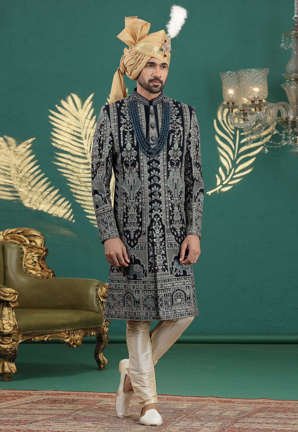 Navy Blue Art Silk Achkan Style Sherwani 318999