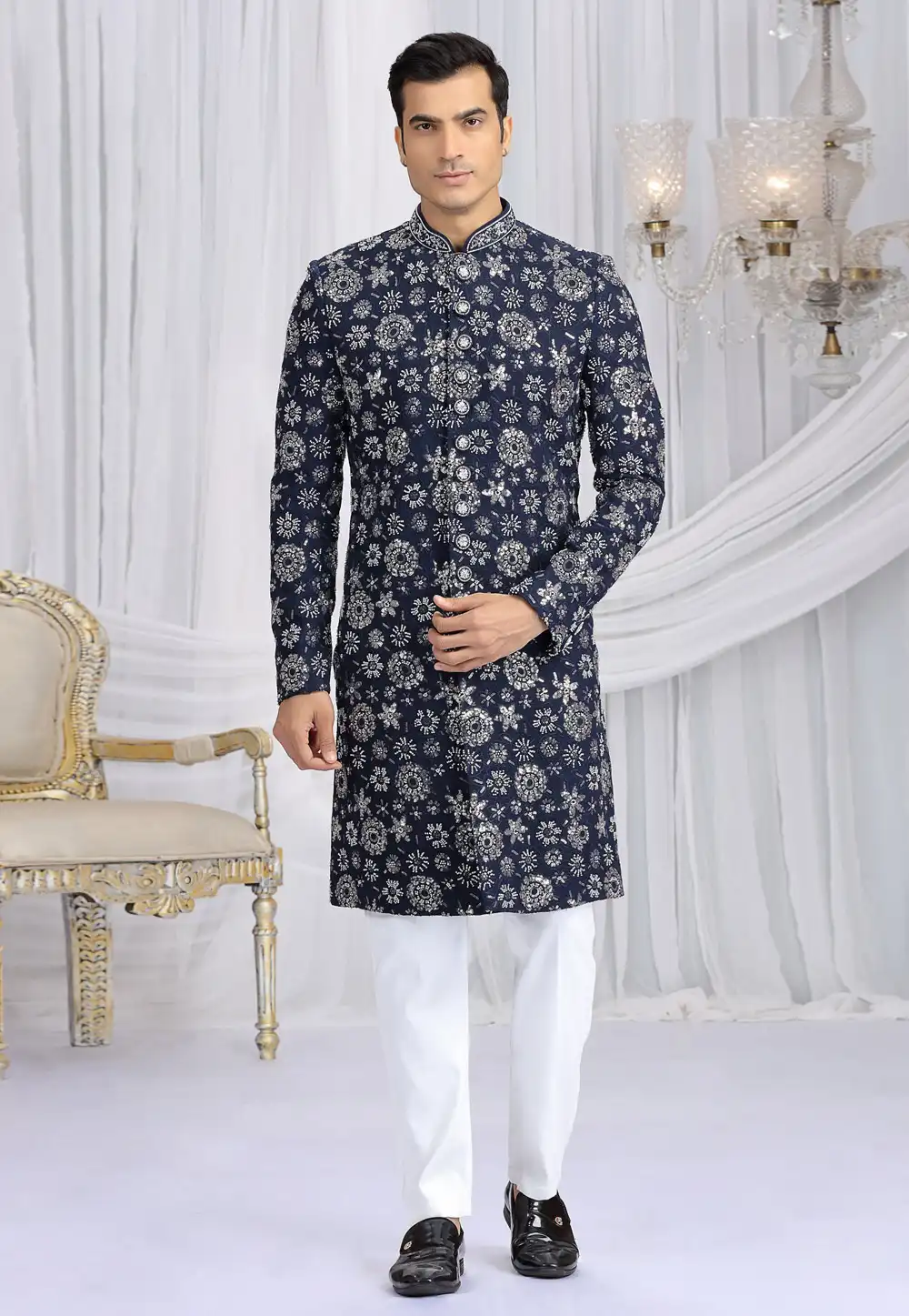 Navy Blue Art Silk Achkan Style Sherwani 319037