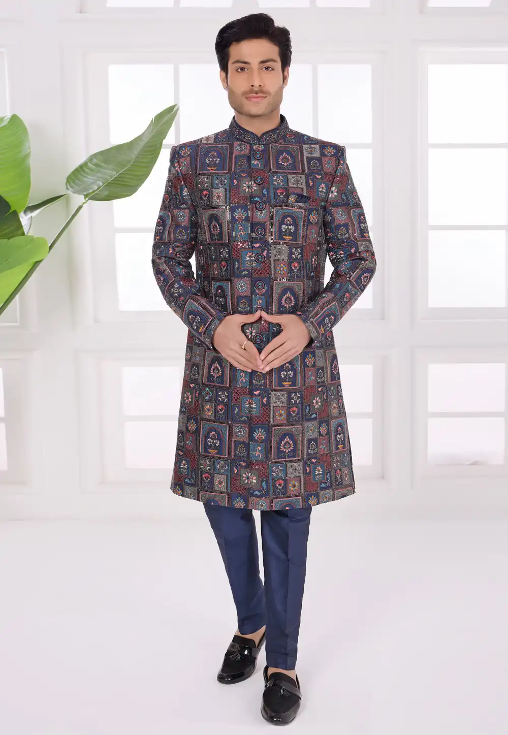 Navy Blue Art Silk Achkan Style Sherwani 327057