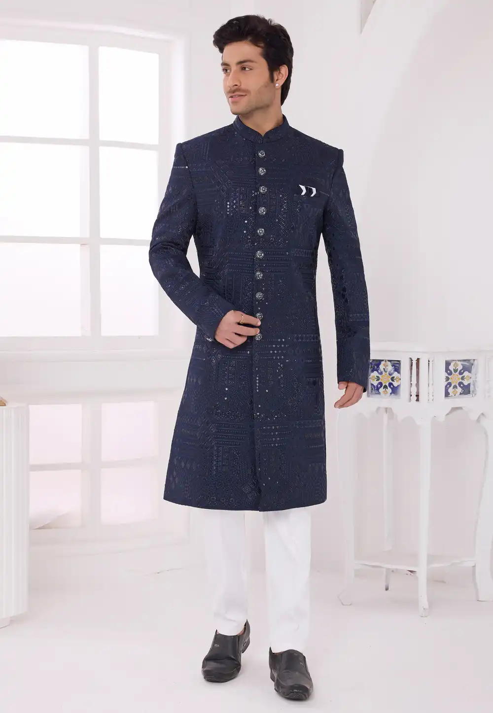 Navy Blue Art Silk Achkan Style Sherwani 327059