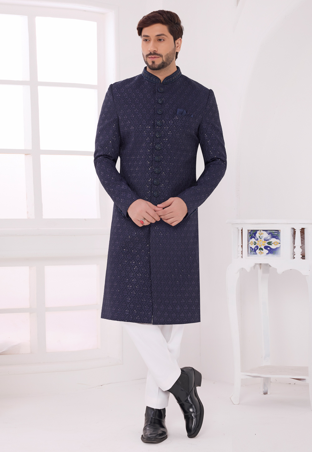 Navy Blue Art Silk Achkan Style Sherwani 327062