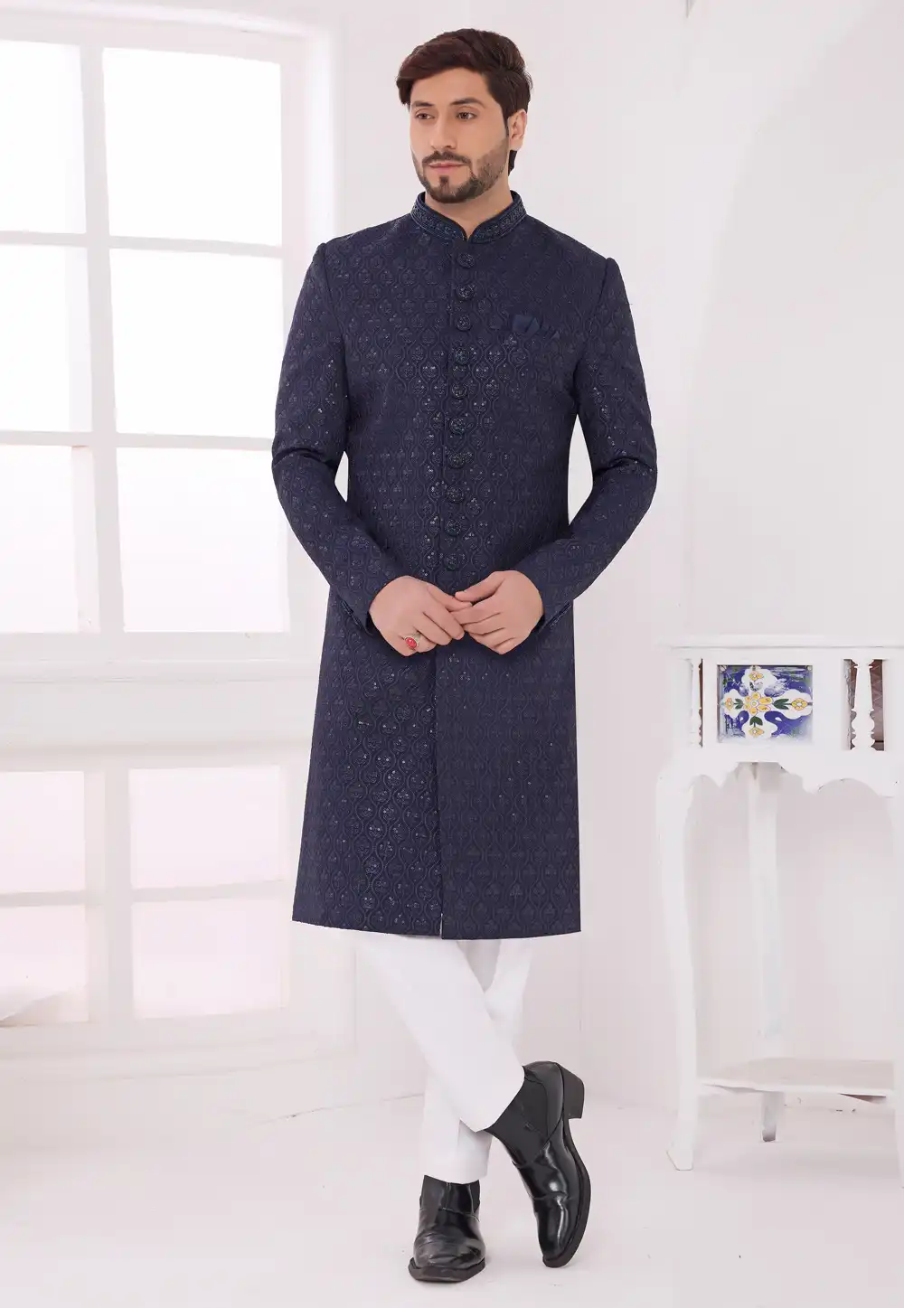 Navy Blue Art Silk Achkan Style Sherwani 327062