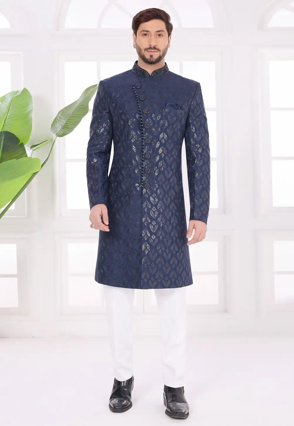Navy Blue Art Silk Achkan Style Sherwani 327066