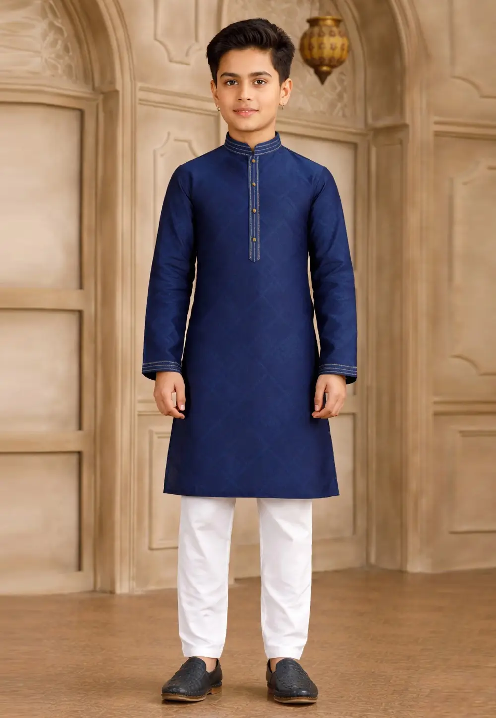 Navy Blue Art Silk Boys Kurta Pajama 335778