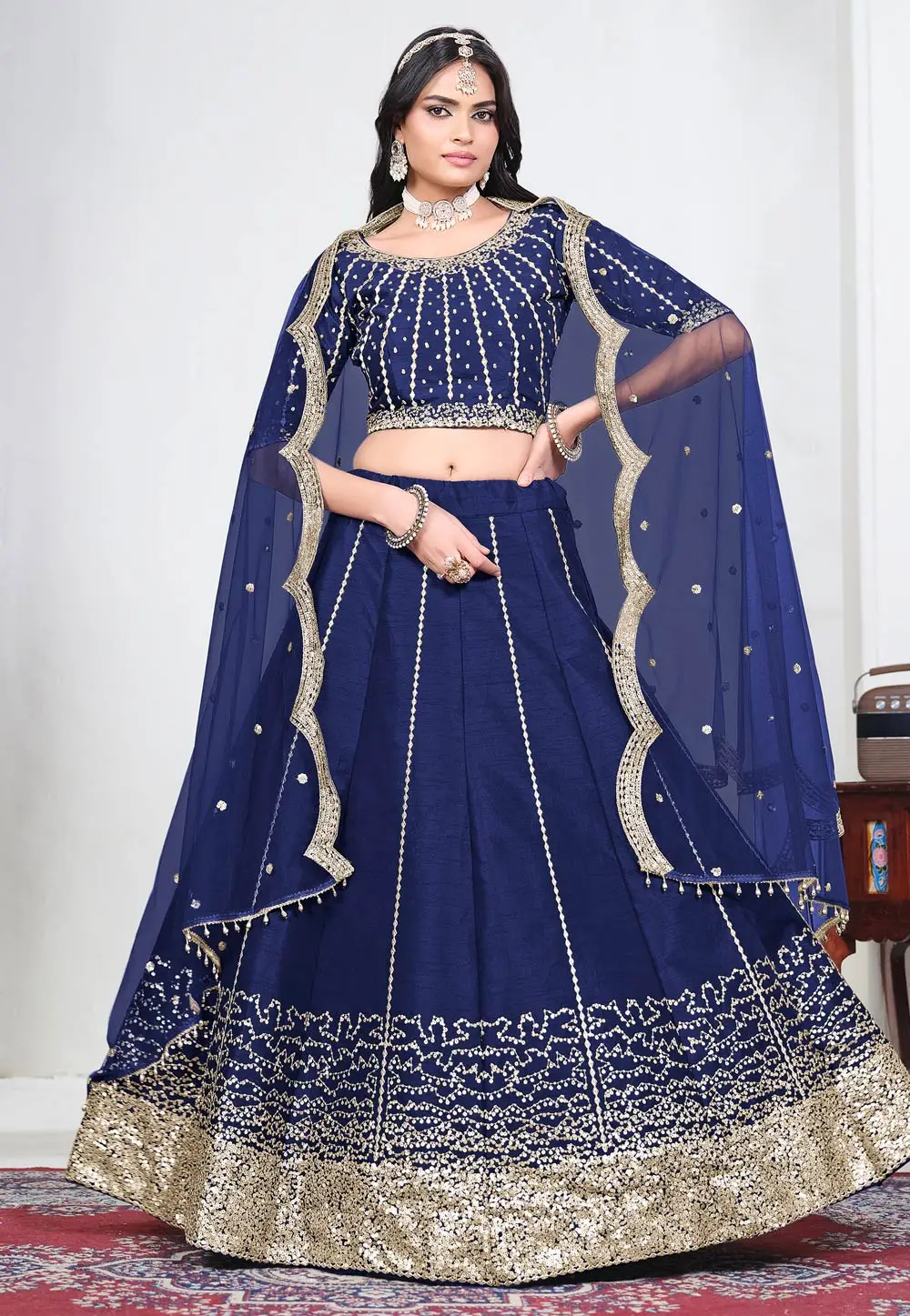Navy Blue Art Silk Circular Lehenga Choli 333458