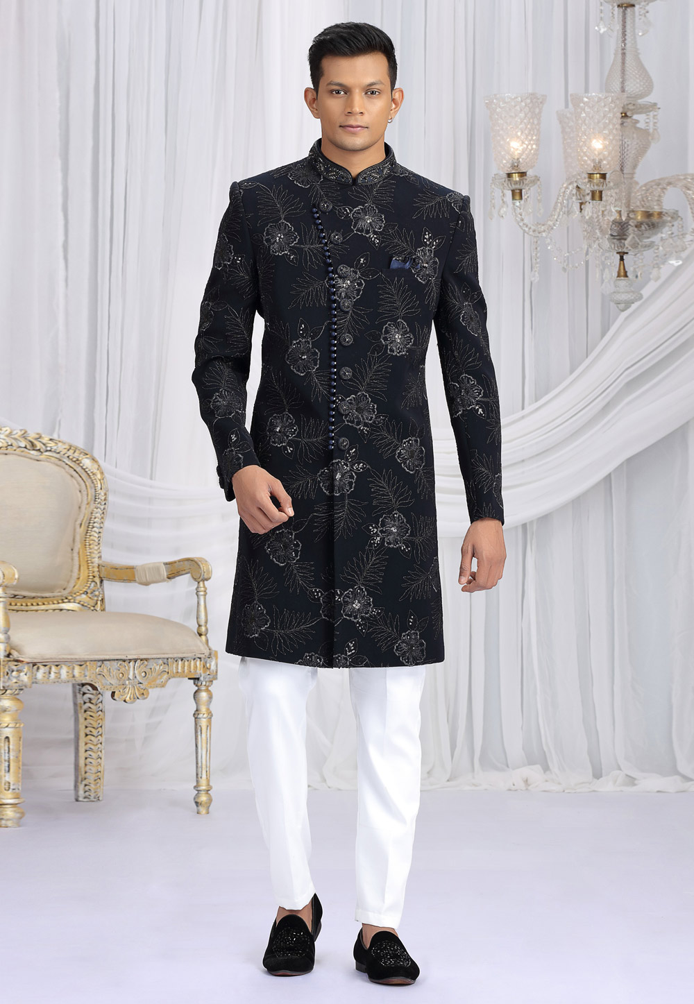 Navy Blue Art Silk Indo Western Sherwani 319040