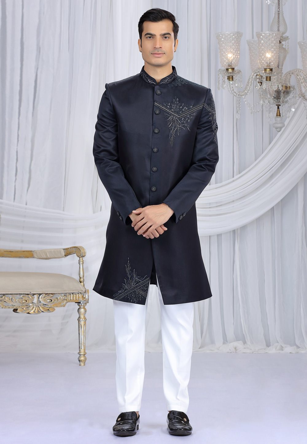 Navy Blue Art Silk Indo Western Sherwani 319060