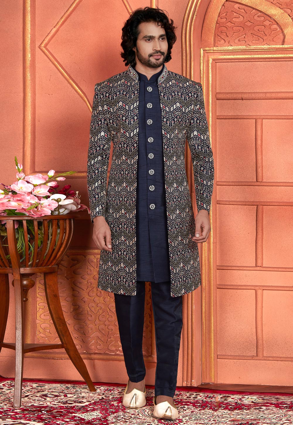 Navy Blue Art Silk Indo Western Suit 285741