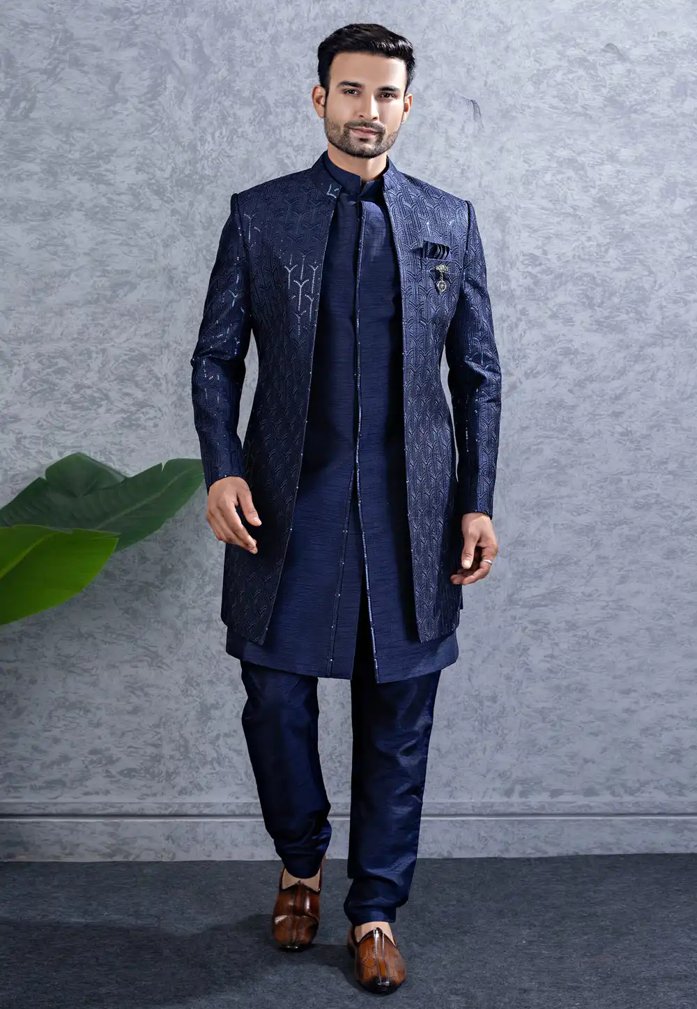 Navy Blue Art Silk Indo Western Suit 317842