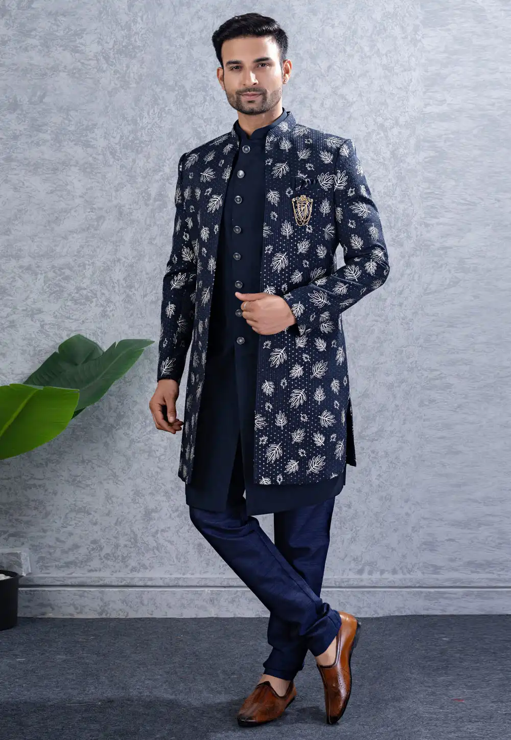 Navy Blue Art Silk Indo Western Suit 317843