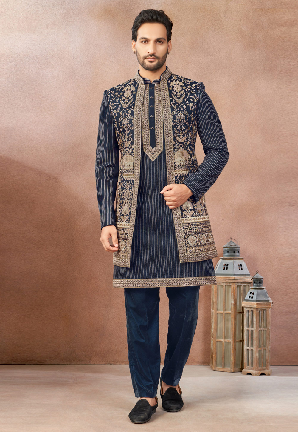 Navy Blue Art Silk Indo Western Suit 325611