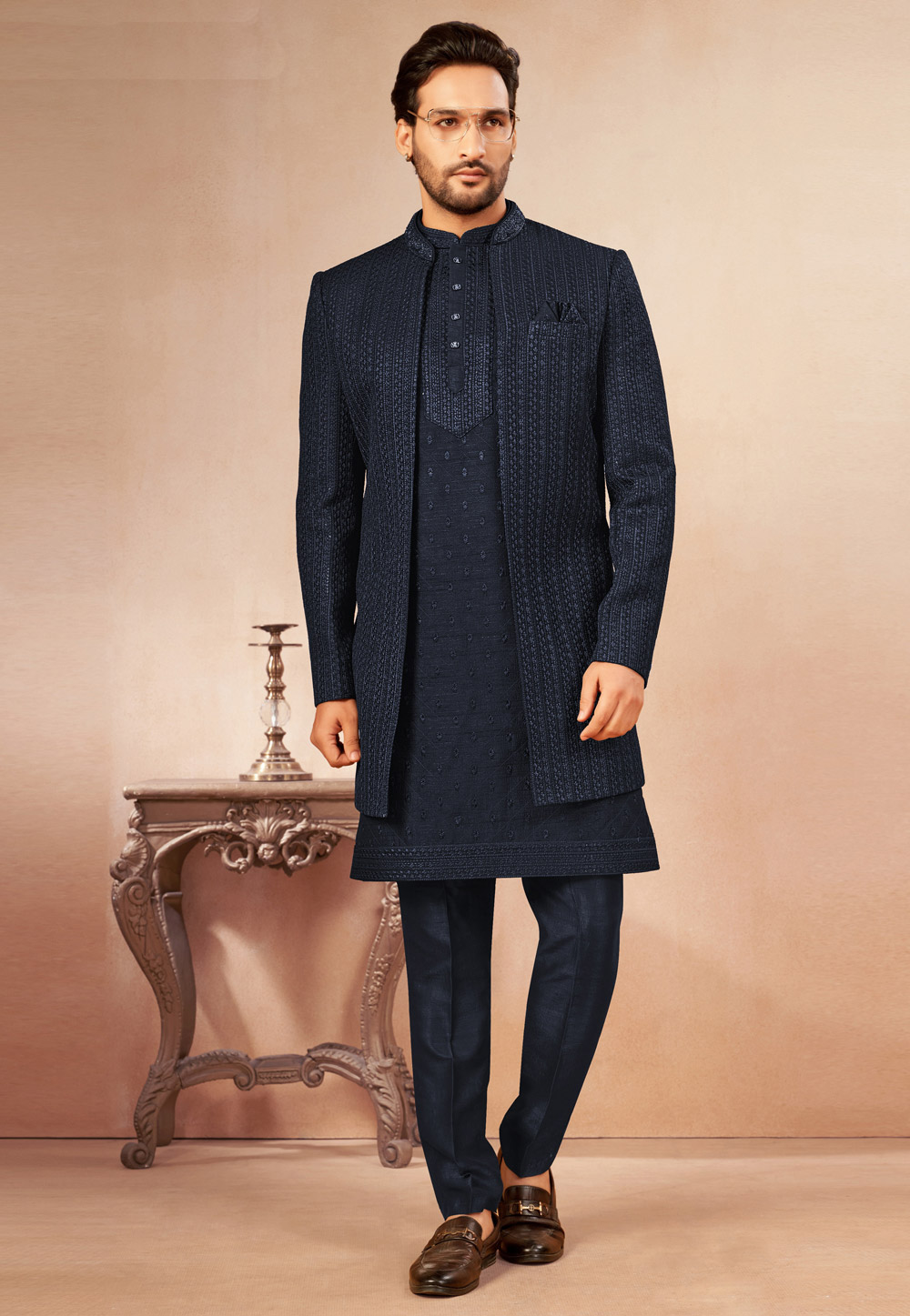 Navy Blue Art Silk Indo Western Suit 325613