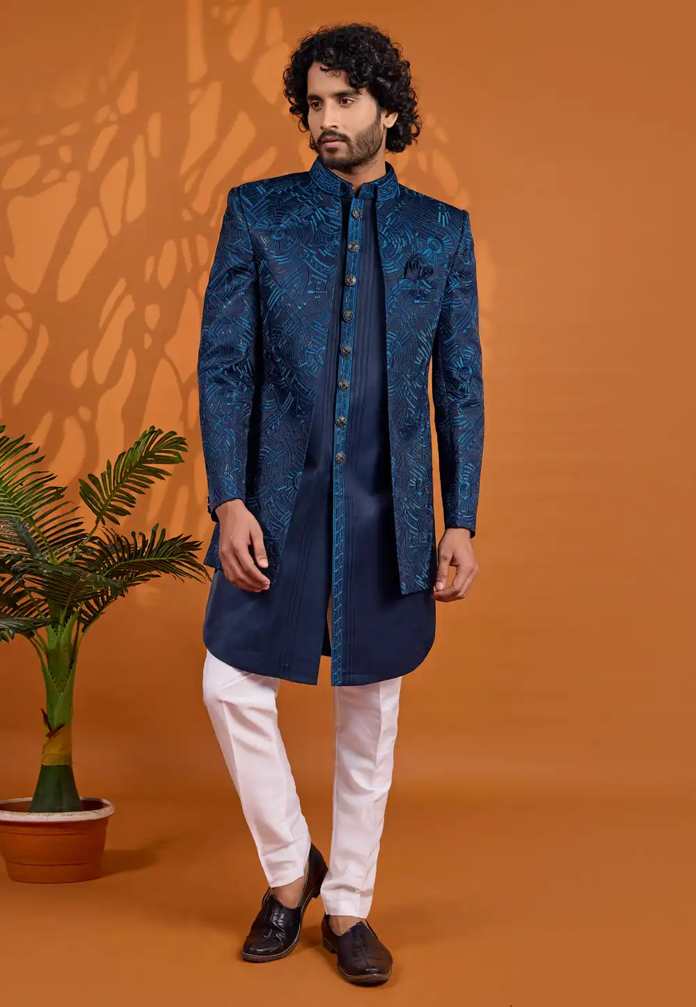 Navy Blue Art Silk Jacket Style Sherwani 330245